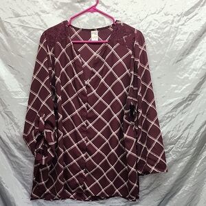 Terra And Sky Plaid Lace Trim Button Front Top Tab Sleeve Womens 1X 16w-18w